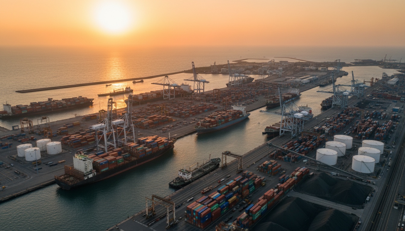 International shipping port with container ships and bulk cargo terminals at golden hour