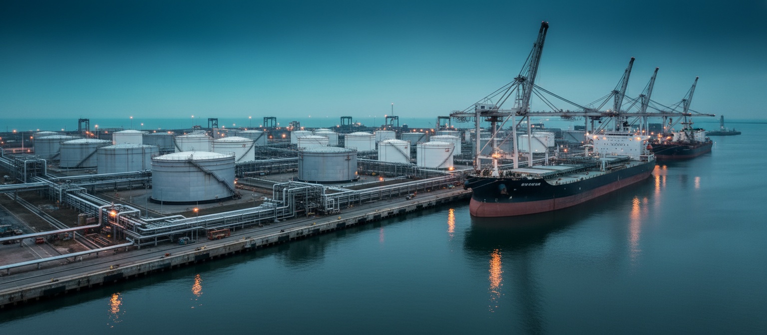 Global commodity trade seaport with oil storage terminals and a berthed tanker at blue hour