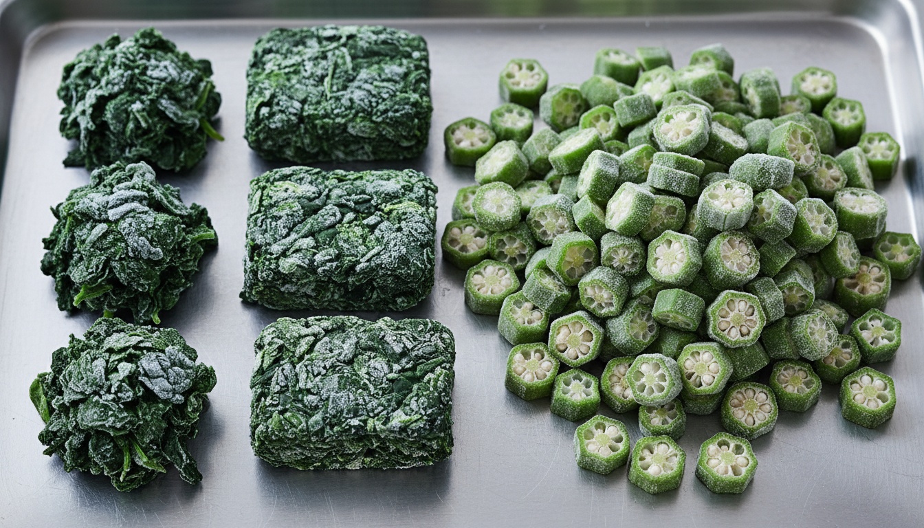 Frozen Spinach & Frozen Okra (Leaf, Chopped, Portions; Whole and Cut Okra) — sourcing, inspection and logistics